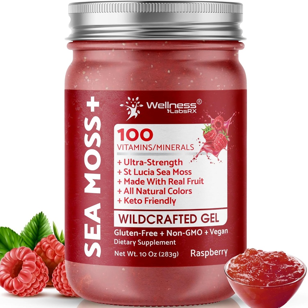 WELLNESS LABSRX Irish Sea Moss Gel Raw - Wildcrafted Superfood Seamoss Gel - Raspberry Flavor, Vitamin and Mineral-Rich from Pristine Caribbean Waters, Immune and Digestive Health Support - 10 oz.