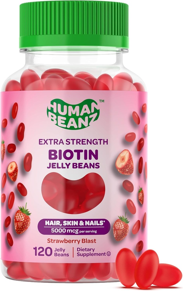 Biotin Jelly Bean Gummy Vitamins, Ekstra Güçlü Biyotin Saç, Skin ve Nails için 500006, Erkekler ve Kadınlar için Saç Büyüme Vitaminleri, 120 Strawberry Blast Jelly Beans, Kosher