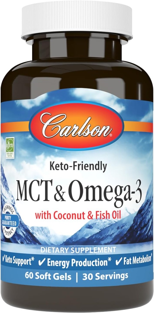 Carlson - MCT & Omega-3, Coconut Oil, Caprylic & Capric Acids, EPA & DHA, Enerji Üretimi, Fat Metabolism & Beyin Sağlığı, 60 Softgels