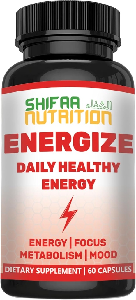 SHIFAA Enerji Vitaminleri, Doğal Günlük Enerji Vitaminleri | Jitter-Free, 60 Hizmetler | Destekler Odak, Mood, Beyin, Metabolism | w/Caffeine & Taurin, B1, B2, B5, B6, B7, B9, B12 Halals