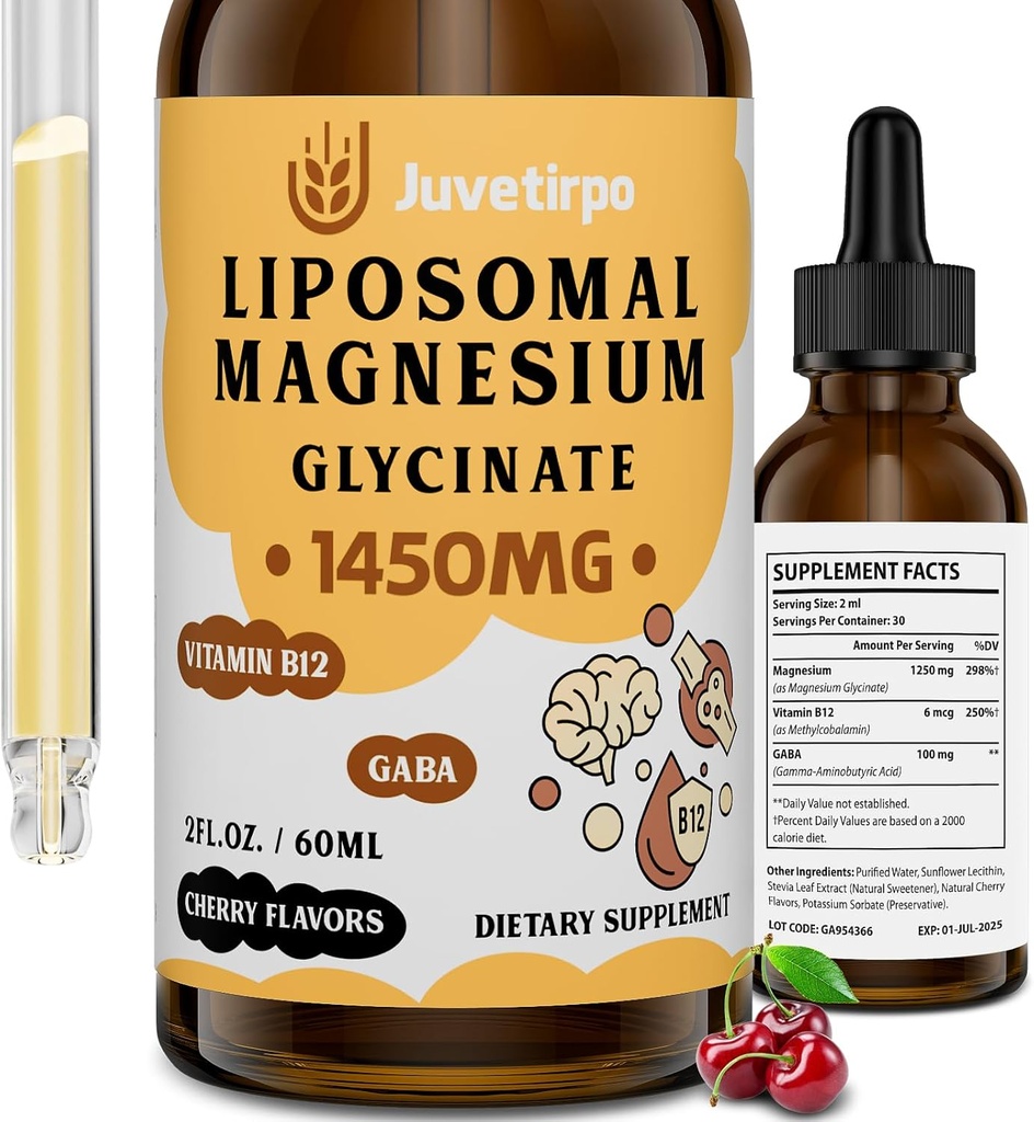 Magnezyum Glycinate Liquid Drops - Liposomal Chelate with Cherry Flavor for Easy Abors, Tavsiyeler Sleep, Mood, Intestinal & Bone Health, Reduces Stres - 60ML (2.04 Fl Oz (kısanın paketi)