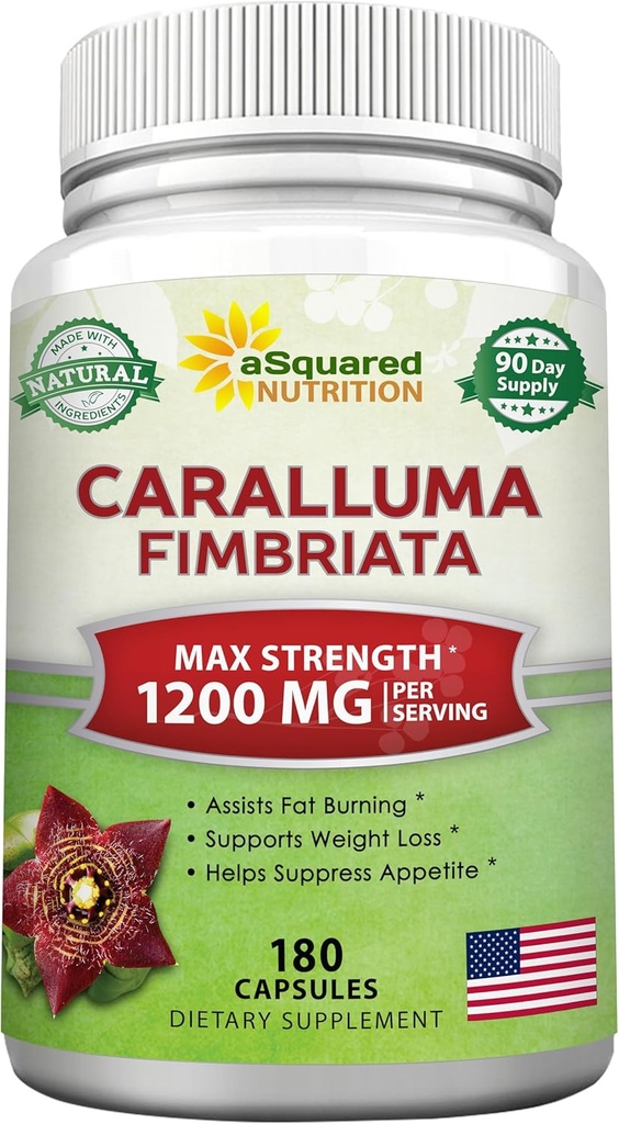 ASquared Beslenme Caralluma Fimbriata 1200 mg - 180 Capsules, Doğal Tür Kilo Kayıp Diyet Pill Supplements, Plant Root Appetite Suppressant & Pure Energy Alert, Max Strength Slim Lean Fat Burn