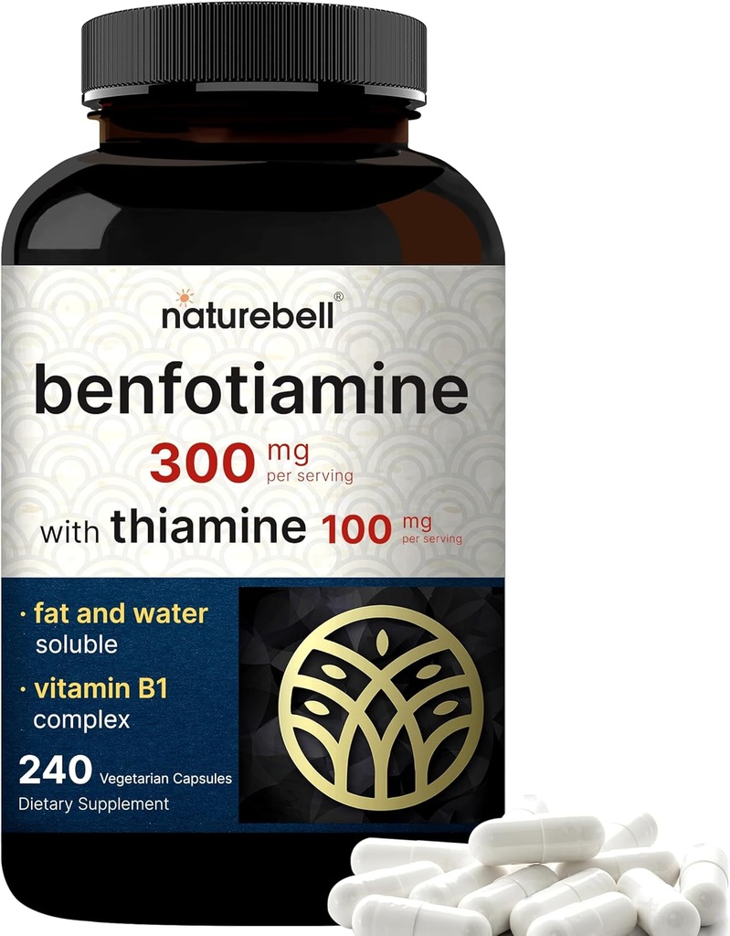 NatureBell Benfotiamine 300 mg with Thiamine 100 mg Per | 240 Veggie Capsules – Essential Vitamin B1 Benfotiamin Supplement – Vegetarian Friendly Friendly