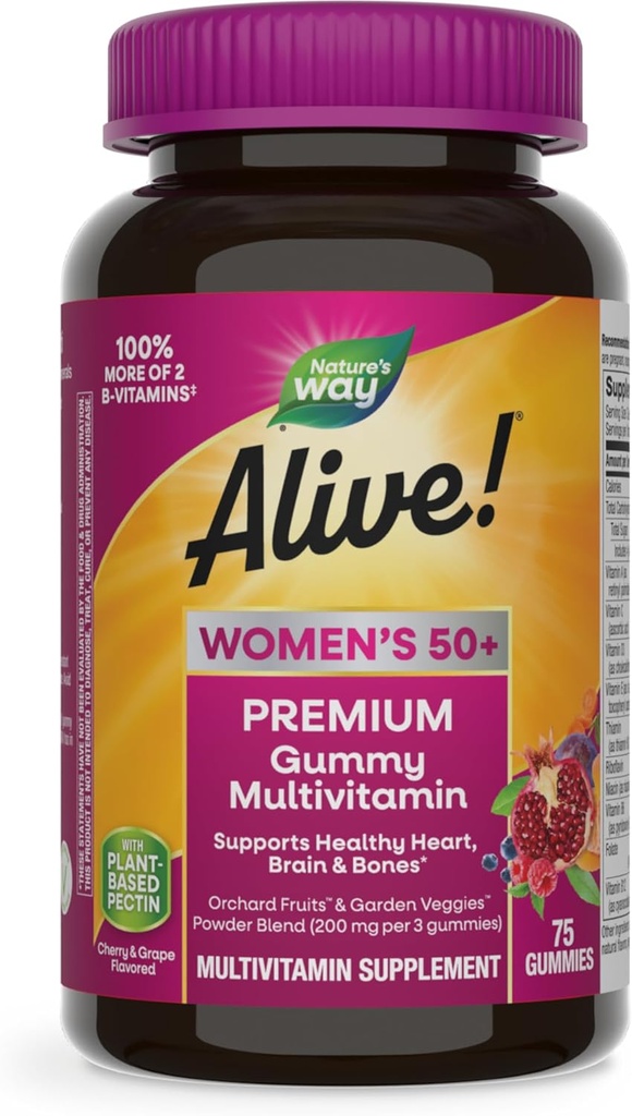 Doğanın Yolu Alive! Kadınlar 50+ Premium Gummy Multivitamin, Sağlıklı Kalp, Beyin ve Bones*, B-Vitamins, Gluten-Free, Vegetarian, Grape ve Cherry Flavored, 75 Gummies (Pazar May Vary)