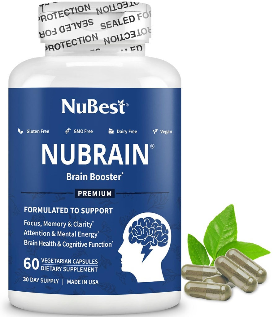 NuBrain Booster - Συμπλήρωμα εγκεφάλου για Booster εγκεφάλου, Μνήμη, Εστίαση & Καθαρότητα Υποστήριξη με St. John’s Wort, Ginkgo Biloba, Bakopa & More - 60 Vegan Κάψουλες 1 μήνα προσφοράς