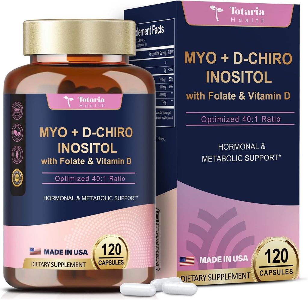 Totaria Inositol συμπλήρωμα για τις γυναίκες με βιταμίνη D3, Folate, 40:1 Λόγος Myo-Inositol 3000mg & D-Chiro Inositol 75mg Complex, βιταμίνη B8 Inositol συμπλήρωμα για τις γυναίκες μαλλιά, νύχια, δέρμα υγεία