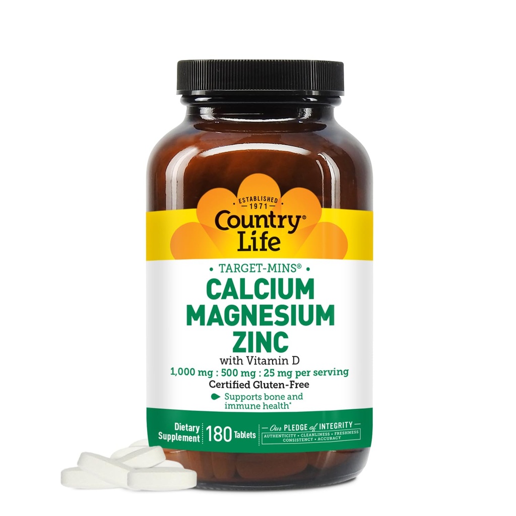 Ülke Lifeuba çinko Magnezyum D3 ve L-Glutamik Asit, Bone Support için Diyet Supplement, Sertifikalı Gluten Free, 1000 mg/500 mg/25 mg, 180 Tabletler