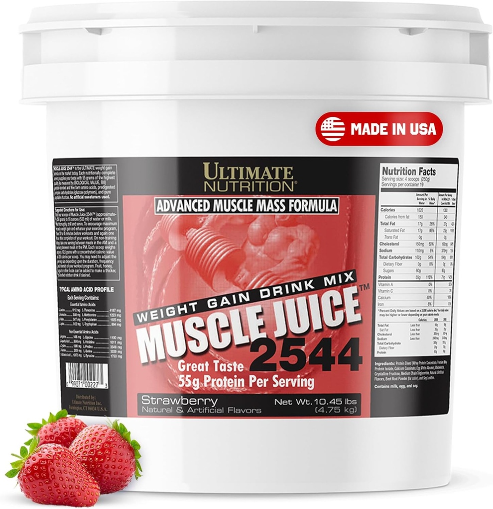 Ultimate Nutrition Mycle Juice, Weight Gain Drink Mix - Μαζική Κεραυνοβόλος Σκόνη για Άνδρες & Γυναίκες - Συμπλήρωμα για Lean μυϊκή ανάπτυξη & ανοσοποιητική υποστήριξη με 55g πρωτεΐνη - Φράουλα, 10.45lb