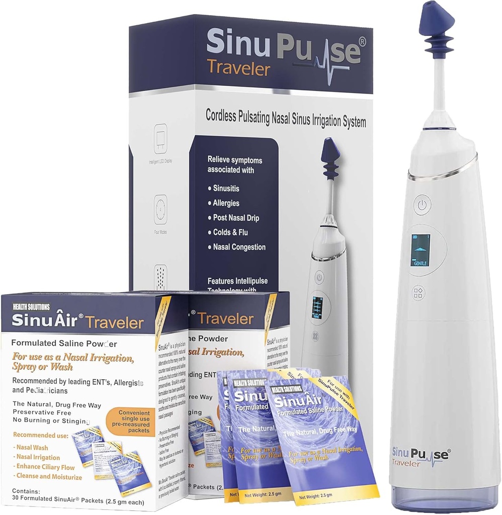 SinuPulse Traveler με 90 Sinuair Packets - Ασύρματο Pulsating Ρινική Άρδευση Sinus Rinse System, Space Saving Cleaner & Relief Machine για Ταξίδια, Πιο Αποτελεσματικό από το Neti Pot ή Spray Bottle