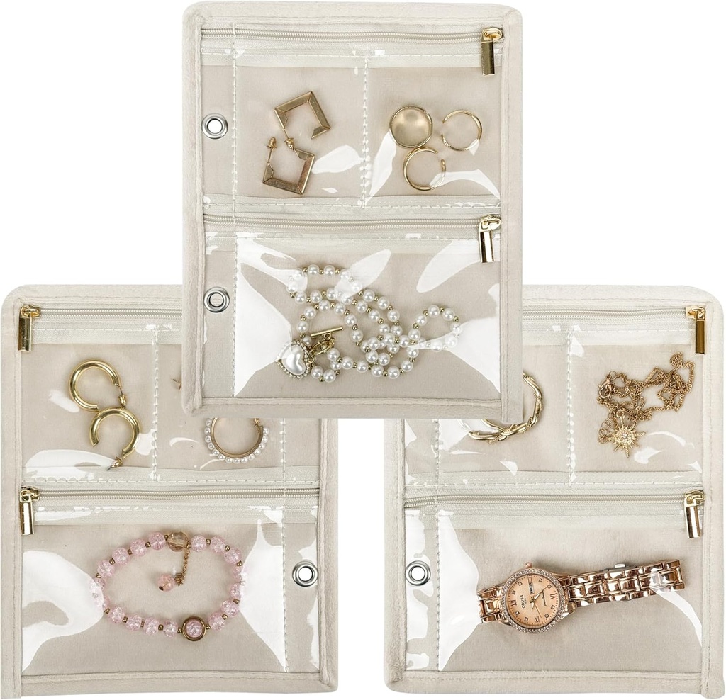 Travel Jewel Organizer Case, Jewel Çanta Jewel Storage Book Binder with Clear diamond Velvet Pouch for Traveling,Earrings, Ring, Dress (Inner Pages,Beige,3 PCS)