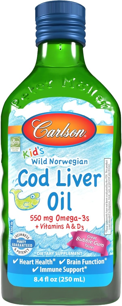 Carlson - Kid's Cod Liver Oil, 550 mg Omega-3s, Vitamins A & D3, Wild Norveç, Gum, 250 mL