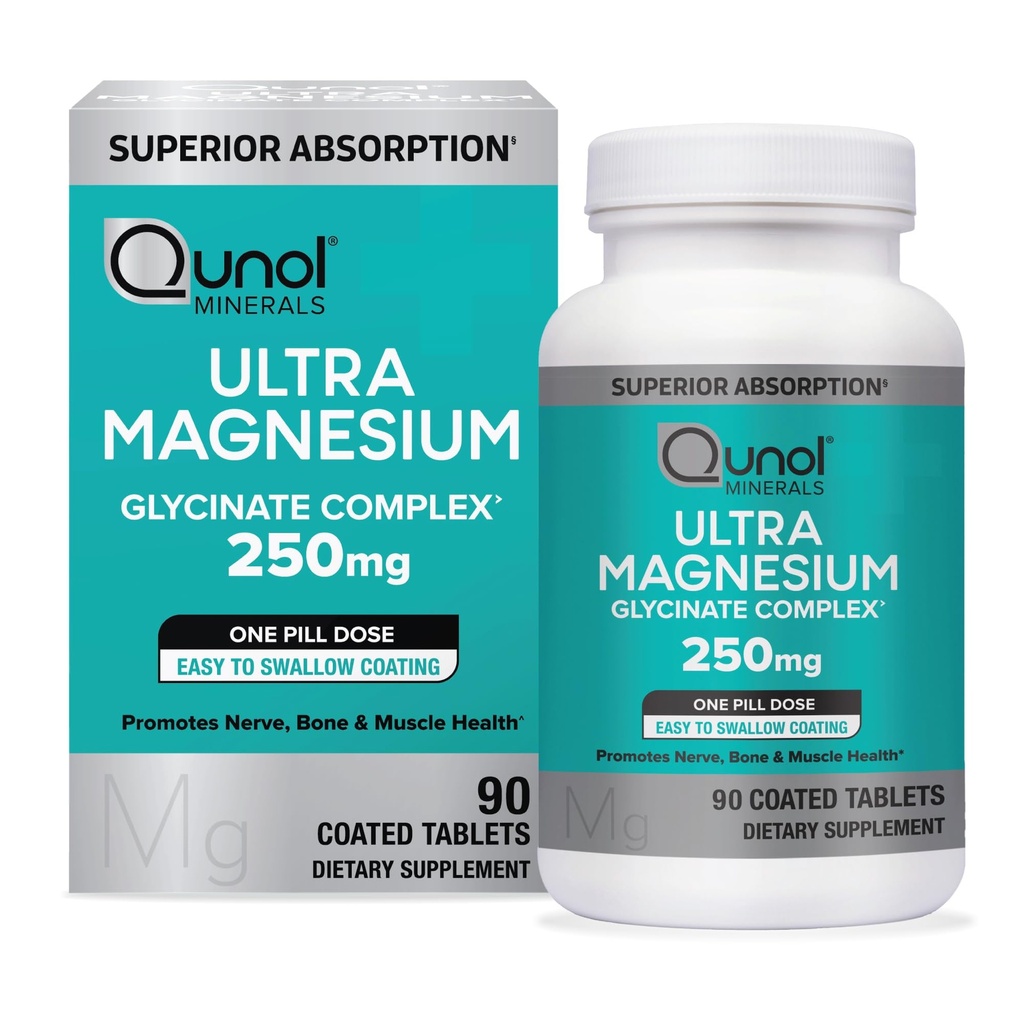 Qunol Magnesium Glycinate Complex, Απαλό στο στομάχι, 250mg Ένα χάπι Δόση, Ανώτερη-Απορρόφηση Μαγνήσιο, Νεύρο, Οστών και μυών Συμπλήρωμα Υγείας, 90 Count (Pack of 1)
