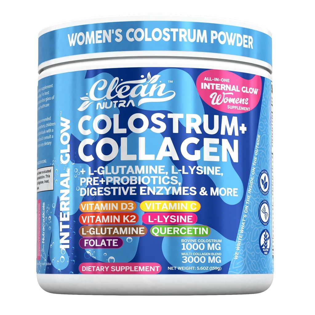 Bovine Colostrum Toz + Collagenamine with L-Glutamine L-Lysine Prebiyotiks Probiyotiks Digestive Enzymes D K2 C Quercetin & Folate | Gut Health Supplement Internal Glow by Clean Nutra