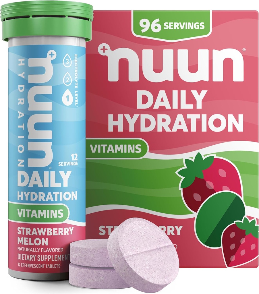 Nuun Βιταμίνες Ηλεκτρολυτικά Δισκία με Βιταμίνη D, C, E, A, & B6, Φολικό Οξύ, Μαγνήσιο & 4 Άλλα Απαραίτητα Ηλεκτρολυτικά, Χωρίς Γλουτένη & Vegan, Μέλον Φράουλας, 8 Συσκευασία (96 Σερβιέτες Σύνολο)