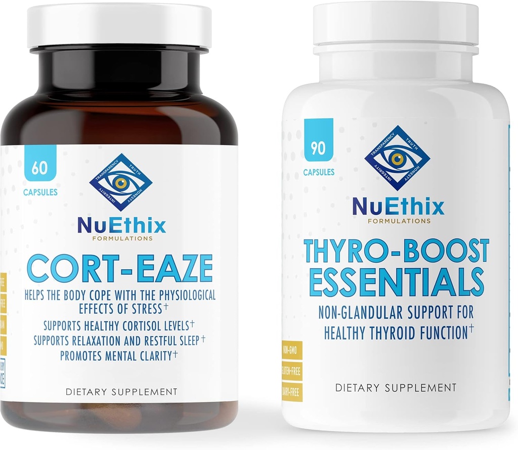 NuEthix Formulas Cortisol ve Thyroid Support Supplement Sche: Cort-Eaze Cortisol-Control Supplement, 60 Capsules, 30 Servisler ve Thyro-Boost Essentials, 90 Capsules