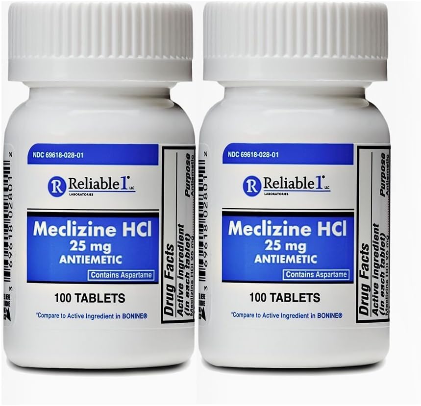 Αξιόπιστα- 1 Εργαστήρια Meclizine 25 mg Γενόσημο Αρρώστια Κίνησης Μπονίνης (100 Μασώμενα Δισκία Κάθε (2- Πακέτο) - Αποτροπή Ναυτία, Έμετος και Ζάλη Προκαλούμενη από Αρρωστία Κίνησης