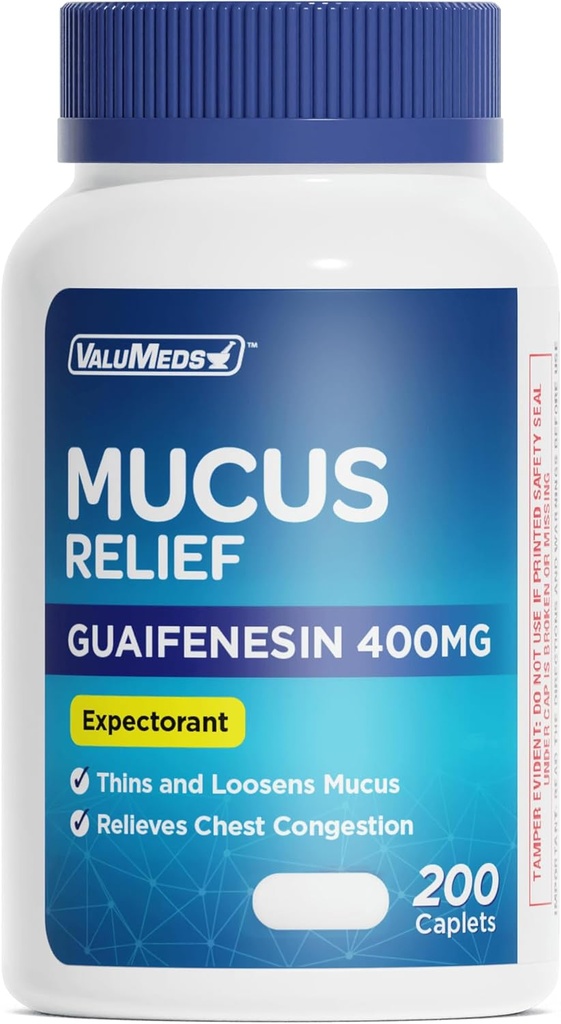 ValuMeds Mucus Relief Guaifenesin 400 mg (200 Caplets) | En Güçlü | Soğuklar için İncelenmesi, Kol Congestion, Flu, Coughing | Waitorant & Decongestant