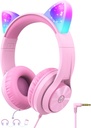 iClever Παιδικά ακουστικά με Cat Ear Led Light Up, Safe Volume Limite, FunShare, Πτυσσόμενα, Over-Ear ακουστικά για παιδιά για το σχολείο / iPad / Tablet / Travel, Meow Donut-Pink