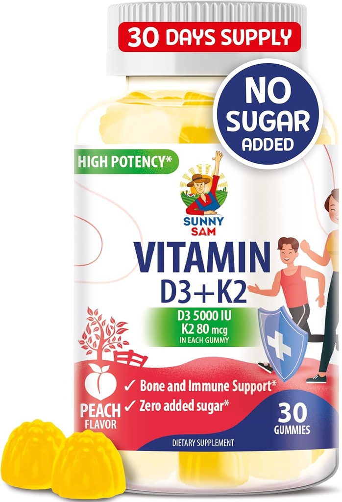 Sugar-Free Vitamin D3 K2 Gummies 5000 IU - Immune & Bone Support Gummies - Yetişkinler için D Gummy Supplement - High-Abxia, Vegan, Halal, Gluten-Free Chewables