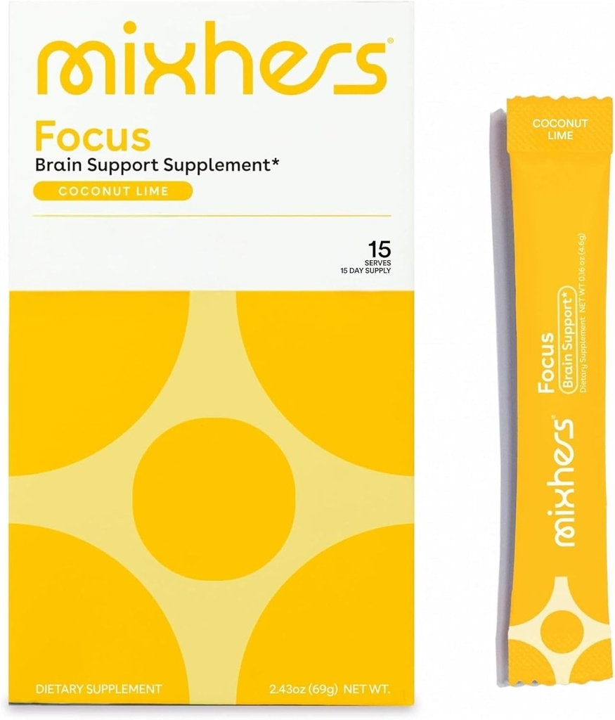 MIXHERS Focus Brain Support Supplement | Caffeine-Free | Natural Materialss for Cognitive Clarity, Concentration, & Hydration | Coconut Lime Flavor | 15 Stick Packets