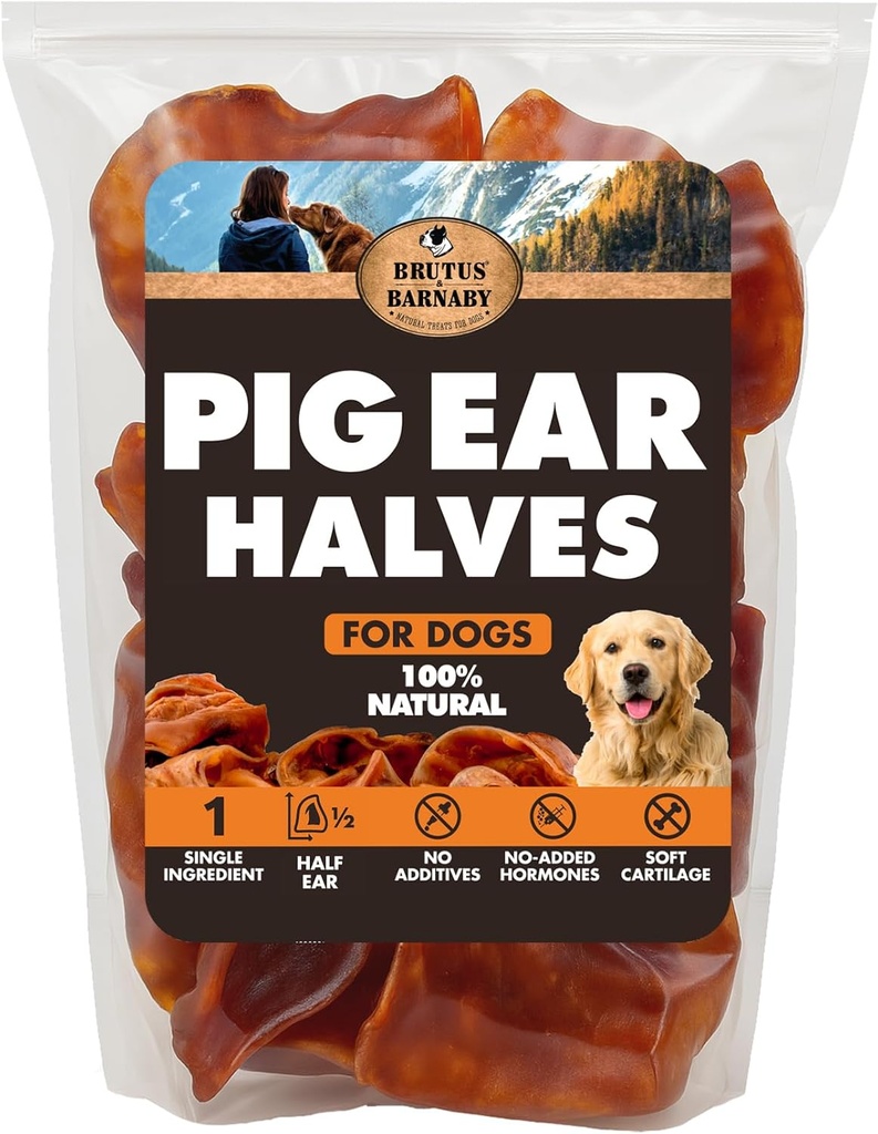 BRUTUS & BARNABY Pig Ear Halves for Dogs, 15 Ct. – All- Natural Single Materials Dog Chews, Slow Cooked & Full Digestible Rawhide Alternative