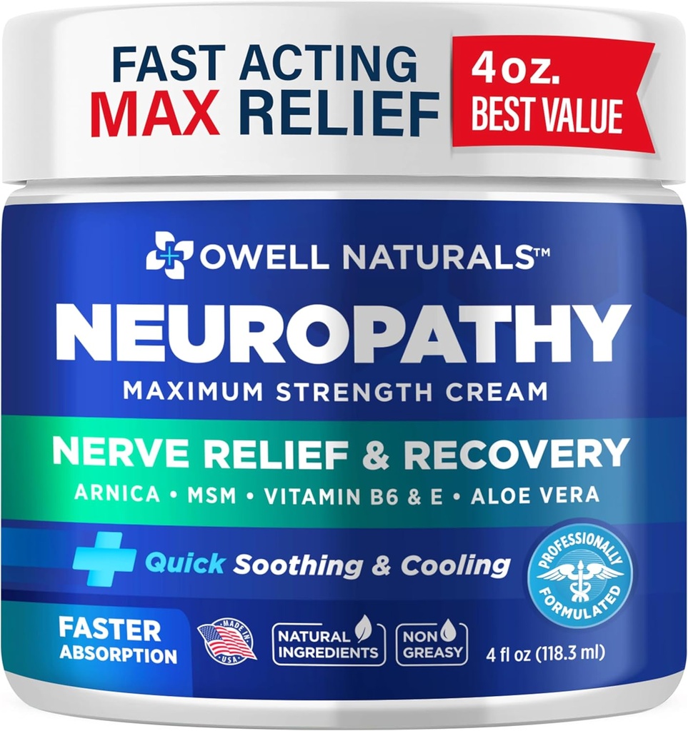 Owell Naturals Neuropathy Nerve Relief Cream, Maximum Strength, Greaseless, Natural Ingredients Arnica, Aloe Vera, MSM, Βιταμίνη B6 για τα πόδια, τα χέρια, τα πόδια, τα δάχτυλα δυσφορία, 4 fl Oz (πακέτο του 1)