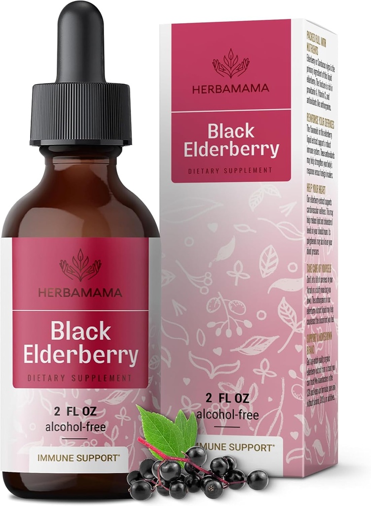 HERBAMAMA Black Elderberry Drops - Vegan Elderberry Sıvı Immune Support - Non-GMO, Alkol & Sugar-Free Immunity Supplement, 21-Day Supply