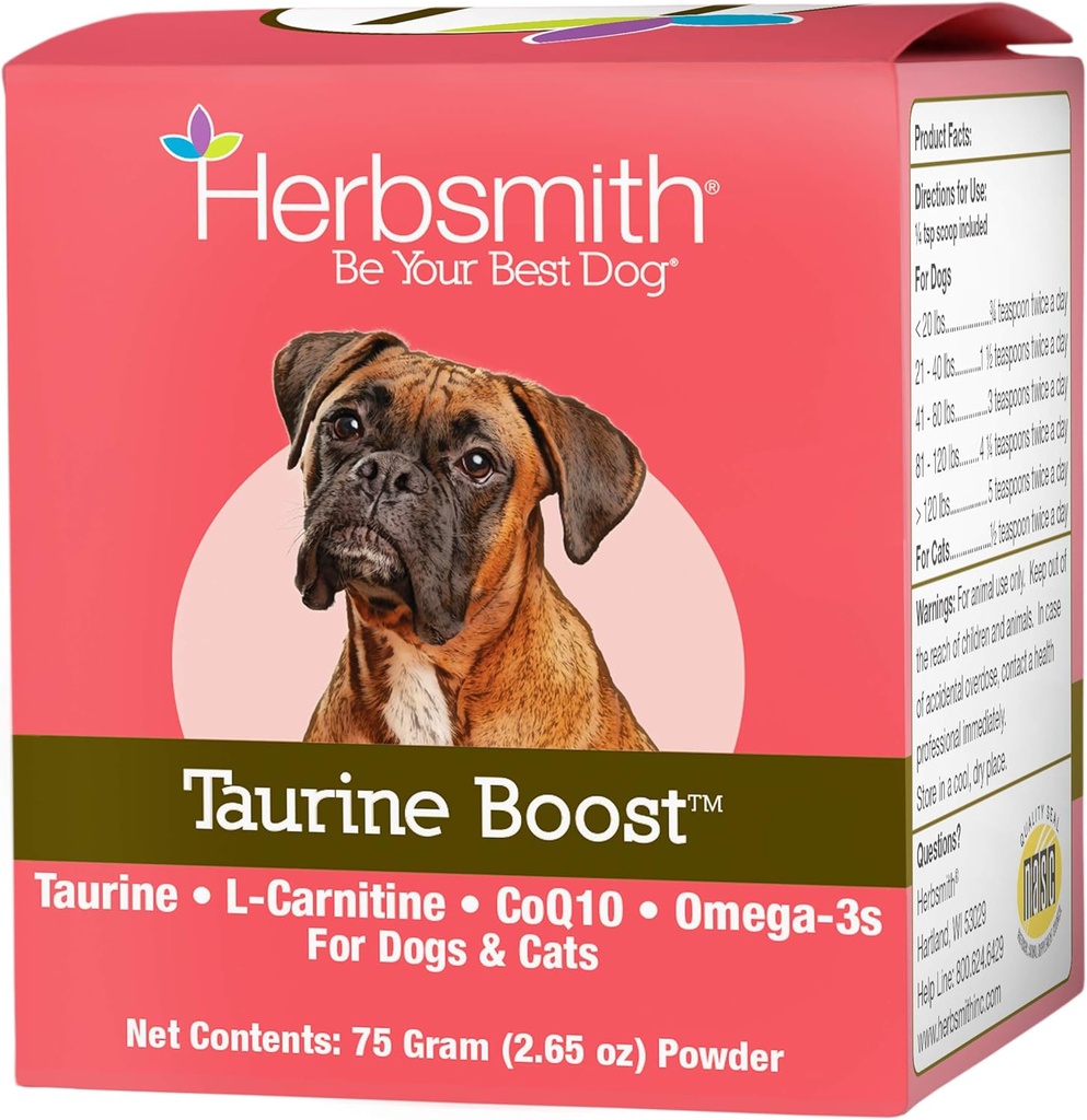 Herbsmith Taurine Boost - καρδιακή και καρδιακή υποστήριξη για σκύλους και γάτες - συμπλήρωμα ταυρίνης για το σκύλο και την καρδιά γάτας υγεία – με CoQ10, ταυρίνη και L-καρνιτίνη για σκύλους - 75g