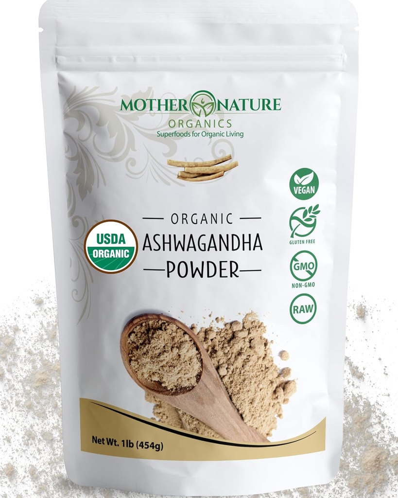 USDA Organik sertifikalı Ashwagandha Toz,% 100 Pure, Raw, Güçlü Adaptogen Herb Supplement - Non-GMO, Vegan, Gluten-Free (1lb Bag)