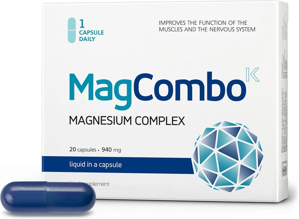 MagCombo - Συμπυκνωμένο καθαρό μαγνήσιο, ειδική φόρμουλα λαδιού με μέγιστη απορρόφηση για τα κνήμες ποδιών, τα τεταμένα μύες, τον ύπνο, εμπλουτισμένο με βιταμίνες В2, В6, В12 και С, μόνο 1 κάψουλα καθημερινά. (Συσκευασία 1)