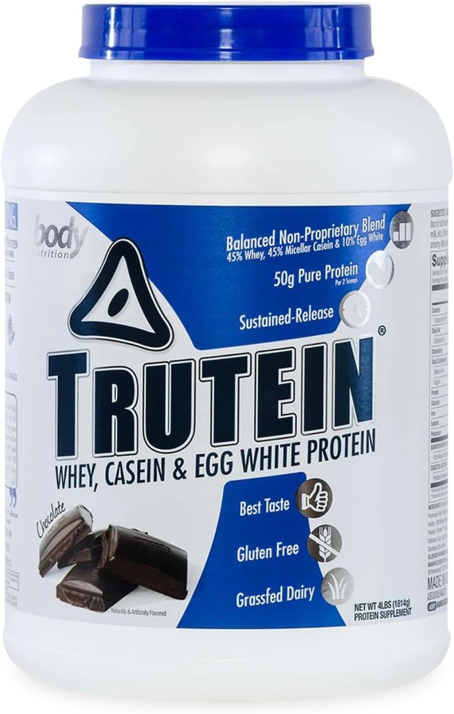 Vücut Beslenme Trutein Yüksek Protein Tozu:% 45 Whey,% 45 Casein,% 10 Egg White, Gluten-Free, Low sodyum, Grass Fed Whey Protein Toz, Gym Supplement & Breakfast Shake, Chocolate, 4lb
