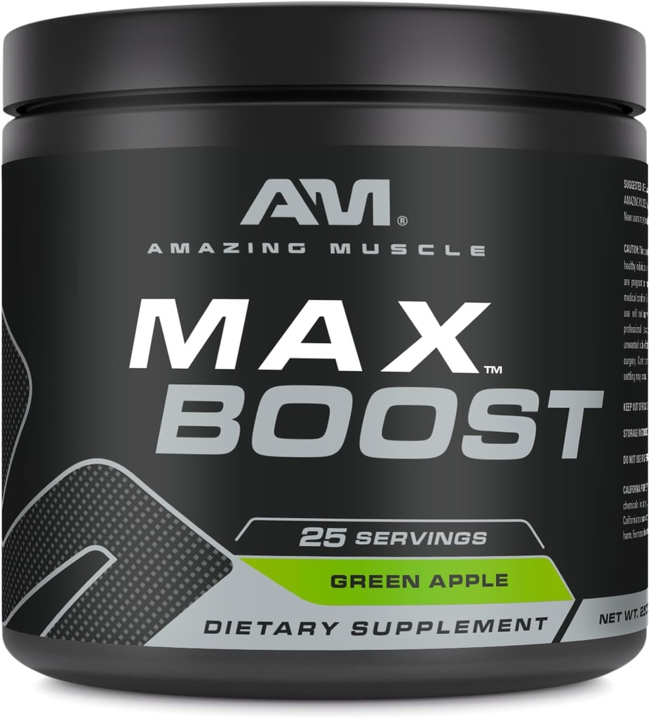 Amazing Muscle Max Boost | 25 Hizmet | Erkekler ve Kadınlar için Pre-Workout Supplement | Caffeine, Beta-Alanine, Betaine (25 Hizmet, Yeşil Apple)