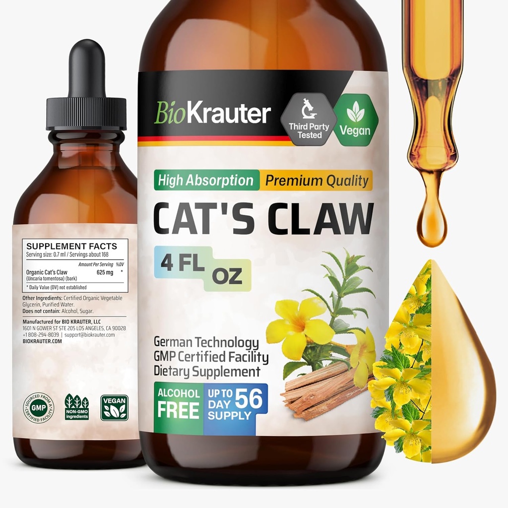 BIO KRAUTER Cats Claw Timcture - Υγρό Cats Claw Herb για την υποστήριξη του ανοσοποιητικού - Αλκοόλ & Ζάχαρη Χωρίς - Vegan Drops 4 Fl.Oz.