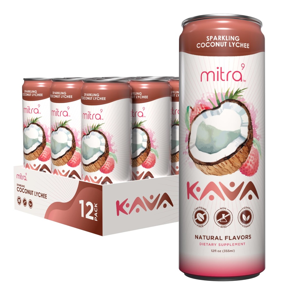 MITRA-9 Βοτανικά Ποτά - Coconut Lychee Sparkling Kava Drink With Kava Root Extract - Mood Enhancer - Plant Based - Promotes Natural Calm & Clarity (12 Fl. Oz) (12)