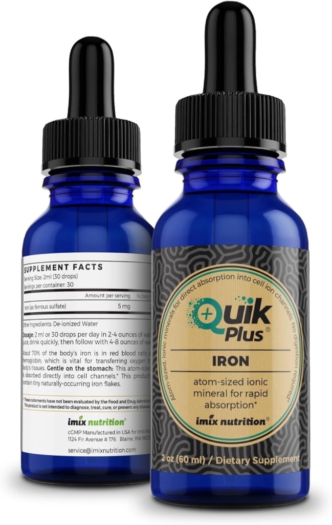 QuikPlus Demir Ionic Liquid Mineral Supplement for Hemoglobin & Ferritin – Yetişkinler için Yüksek Abpsiyon Demir Supplement – Vegan, Gluten-Free, All Natural – 2 oz Şişe