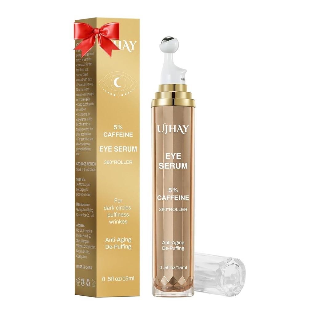 5 Caffeine Eye Cream, Dark Circles için Göz Serum, Puffiness & Wrinkles Fine Lines, Eye Roller Serum with 360° Masaj Ball, Eye Treatment Balm for Men & Women