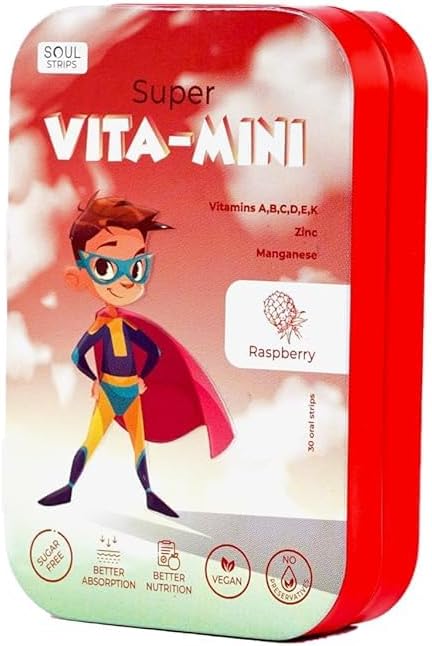 Soul Strips Super Vita-Mini - Temel Vitaminler A, B, C, D, E, K & Minerals for Kids' Growth & Health, Raspberry Flavor, Zero Sugar, 100% Vegan, 30 Strips Pack '