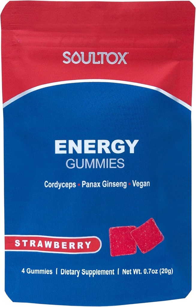 Soultox Energy Mushroom Gummies Strawberry - Vegan Formula ile BTC, Cordyceps, Caffeine, Vitamin B12 - Enerji ve Bilişsel Fonksiyonl - Malzemeler - 10 Paket