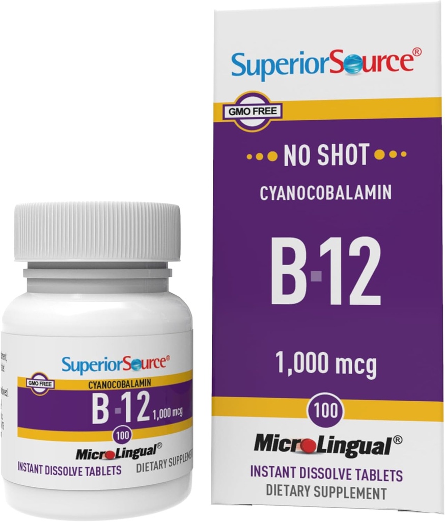 Superior Source No Shot Βιταμίνη B-12 Κυανοκοβαλαμίνη 1000 mcg - Βιταμίνη B-12 για την υποστήριξη της παραγωγής ενέργειας, της υγείας του εγκεφάλου και της συνολικής ευεξίας - Υπογλώσσια δισκία - 100 Διαλυτά δισκία