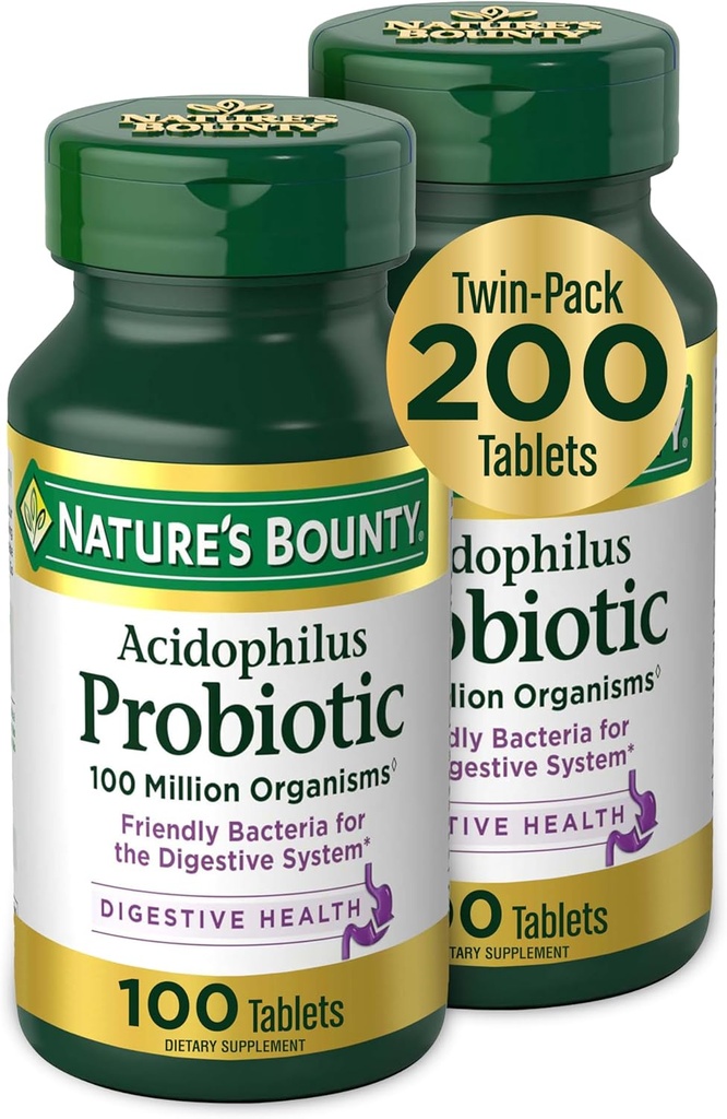 Nature's Bounty Acidofilius Probiyotik, Daily Probiyotik Supplement, Digestive Health, 200 Tablet, Twin Pack