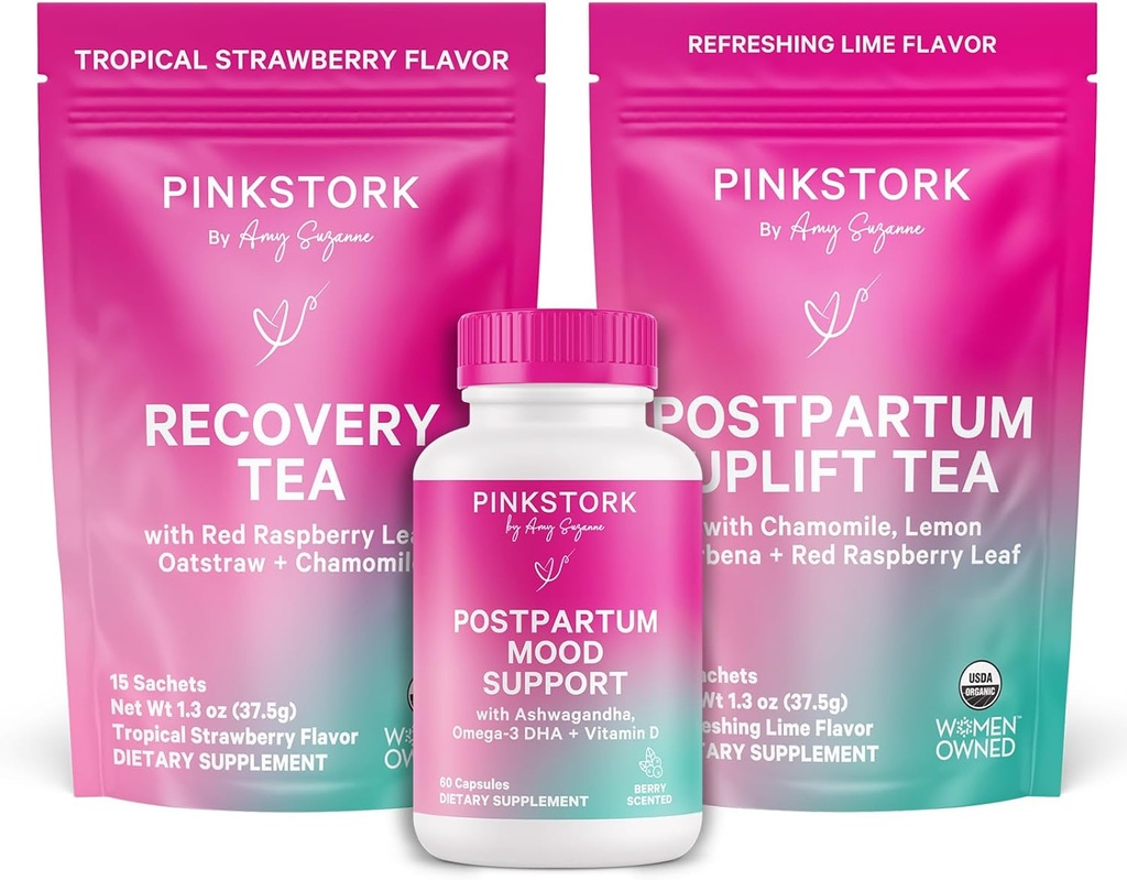 Pink Stork Postpartum Essentials Kit – Ισορροπία ορμονών, ανάκτηση & Mood Υποστήριξη για τις νέες μητέρες – Μεταγεννητικές Βιταμίνες Ashwagandha + Herbal Teas for Strress Relief, Energy, Sleep – Give Set – Vegan, Organic