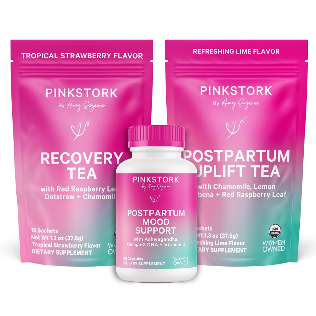 Pink Stork Postpartum Essentials Kit - Hormon Dengesi, Yeni Anneler için Kurtarma ve Mood Destek - Postnatal Vitaminler Ashwagandha + Herbal Teas for Stress Relief, Energy, Sleep – Hediye Set – Vegan, Organik,