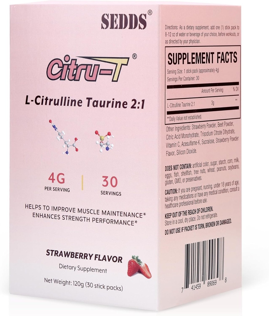 L-Citrulline Taurine 2:1, Strawberry-Flavored L Citrulline Toz Citrulline Supplements, Vegan Taurine Toz, Caffeine Free, Gluten Free, 30 Pack