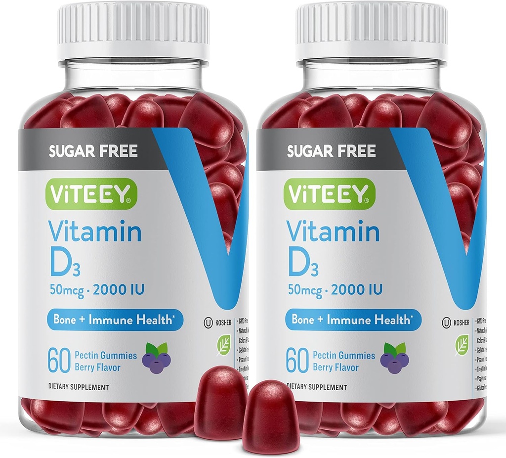 Yetişkinler ve gençler için Viteey Vitamin D3 Gummies - 2.000 IU, 50mcg - Sugar Free, Bone, Joint & Muscle Health, Immune Boost - Vegetarian, Gelatin Free, GMO Free - Tasty Chewable Berry Flavored Gummy