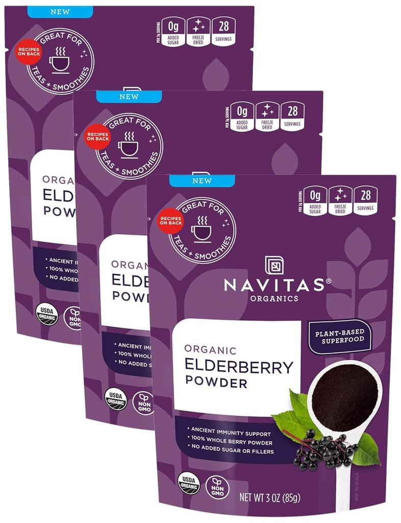 Navitas Organics Elderberry Powder, 3oz Bag, 28 Services — Organic, Non-GMO, 100% Ολόκληρη σκόνη Elderberry για την ανοσοποιητική υποστήριξη (πακέτο 3)