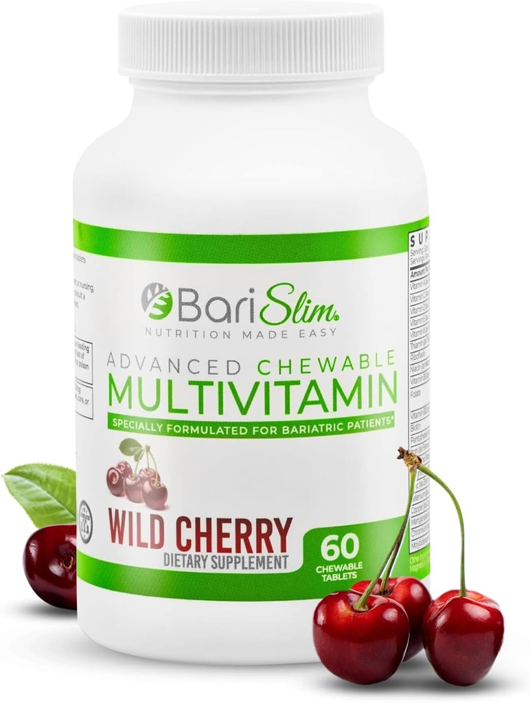 BariSlim Advanced Chewable Bariatric Multivitamin Tabletleri - Bariatrik Vitamin ve Supplement for Post Bariatrik Cerrahisi Gastrik Bypass ve Gastrik Kol | Wild Cherry (60 Kont)