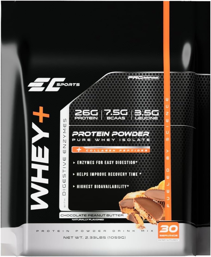 EC Sports Whey+ Protein Toz, Chocolate Peanut Butter Mix w/Digestive Enzymes - Isolate Supplement, Collagen w w/Swift Reform - 30 Hizmet