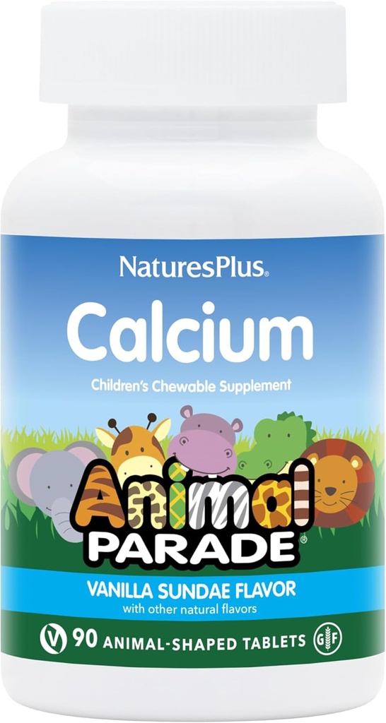 NaturesPlus Ζωική Παρέλαση Ασβέστιο, Vanilla Sundae Γεύση - 90 Ζωικά Μασώμενα Δισκία - Συσκευασία των 2 - Προάγει υγιή οστά - Vegan, Χωρίς γλουτένη - 180 Σύνολο Σερβιέτες