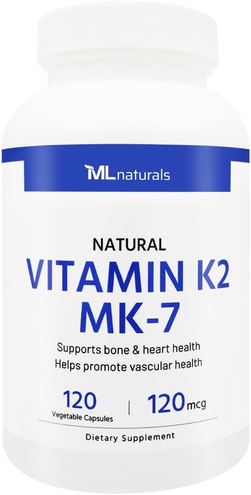 ML Naturals Natural Vitamin K2 MK-7 120 mcg 120 Sebze Capsules. Natural MK-7/99% All-Trans MK-7. Supports Bone & Heart Health, NSF-Cerized & cGMP-Compliant.