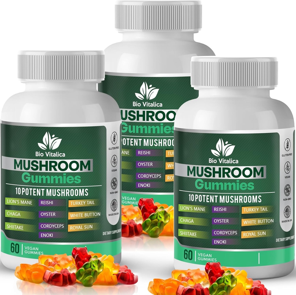 Mushroom Gummies – Lion's Mane, Reishi, Chaga, Cordyceps & More – Meyveli Vegan Gummies – Non-GMO, Gluten-Free, Plant-Based – 3 Packs